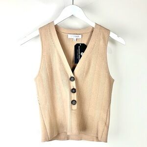 Intermix Beige Rib Knit Buttoned V-Neck Tank